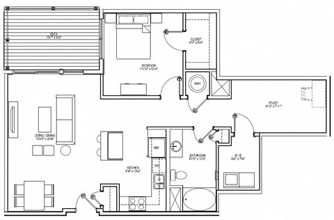 Floor plan for 1 bed, 1 bath, 1068 sqft
